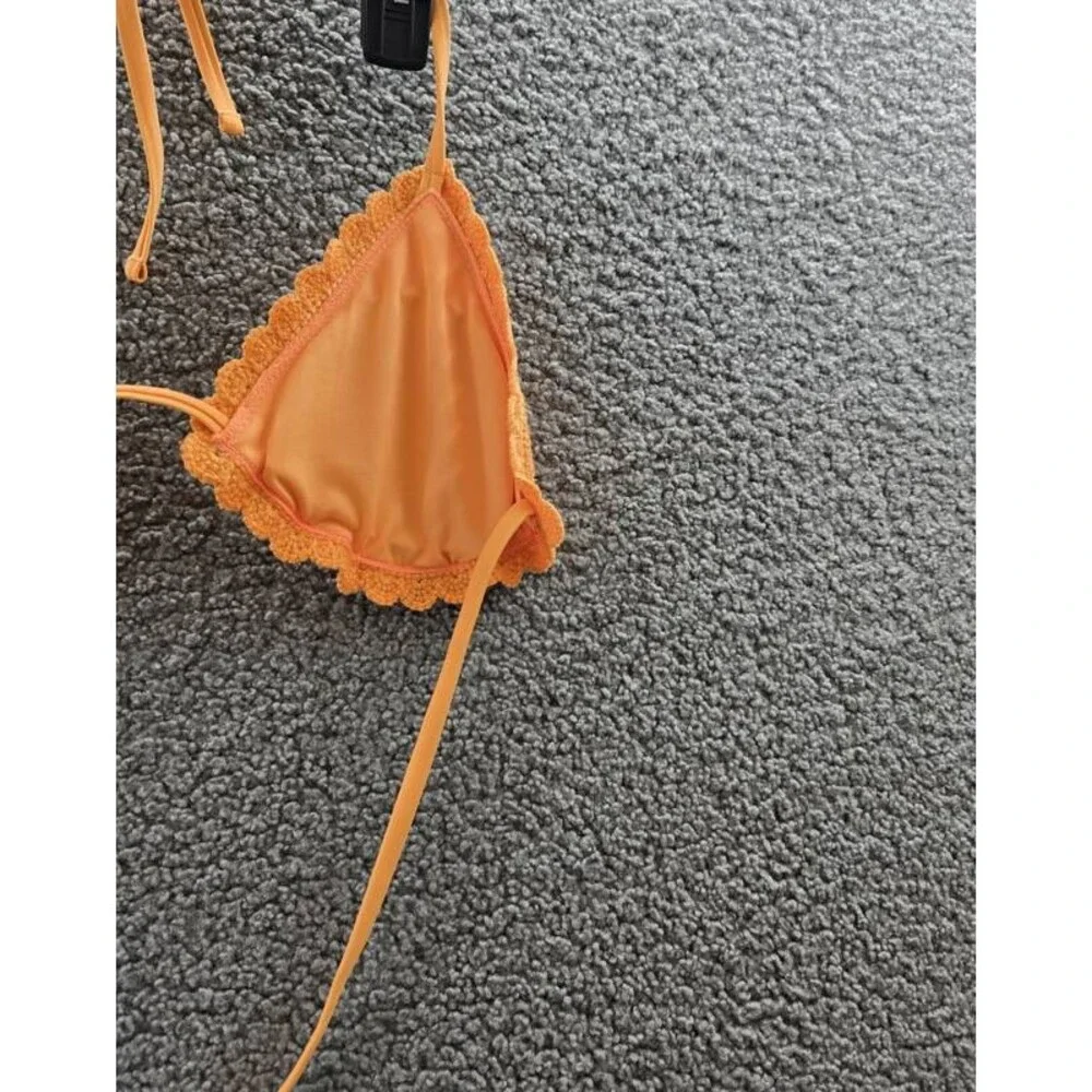 Salt + Cove Crochet Halter Triangle Bikini Juniors' L Tangerine Zing Back Tie
